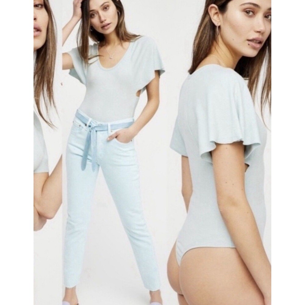Free People Light Blue Ribbed Knit Short Sleeve Bodysuit Small Snap Cutout Sides